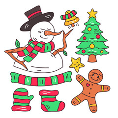 Snowman,Christmas cookies,bells and fir trees illustration set.Hand drawn christmas elements on white background