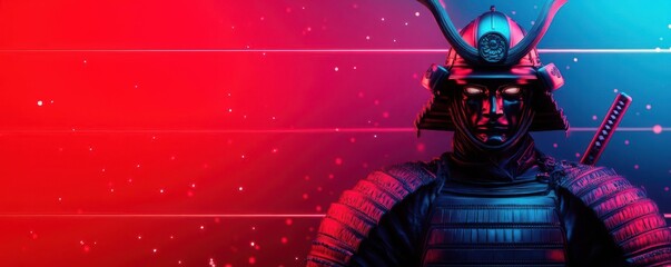 A digital hologram statue of a samurai warrior in a dynamic battle stance, neon lights, floating particles, Sci-Fi theme