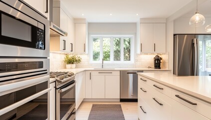 Modern kitchen with white cabinets and stainless steel appliances.