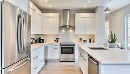 Fototapeta premium Modern kitchen with stainless steel appliances.