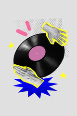 Creative poster collage of dj hands vinyl record listen music party disco have fun unusual fantasy...