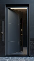 The gray aluminum door stands open, inviting entry into a sleek, modern space that highlights minimalistic design