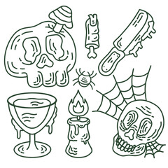 doodle sketch of various skulls on a white background