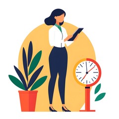 Businesswoman reducing stress, adjusting meter to lower risk, flat design illustration