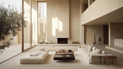 Modern minimalist living room with white furniture.