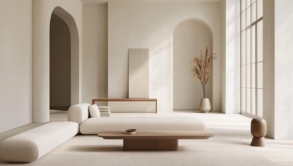 Minimalist living room with beige couch and rug.