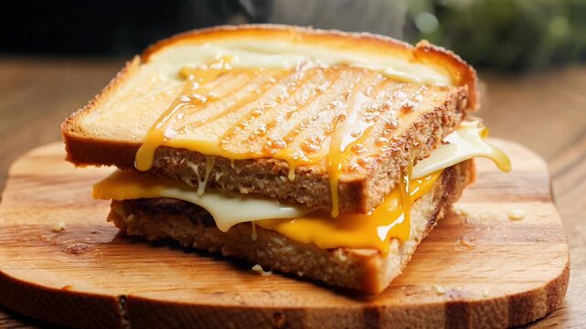 A delicious grilled cheese sandwich is stacked between slices of toasted bread, melting cheese oozing out.
