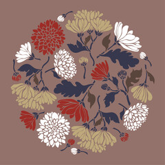 Blooming chrysanthemums in a circle. Cover, invitation, congratulation, design element. Vector illustration.