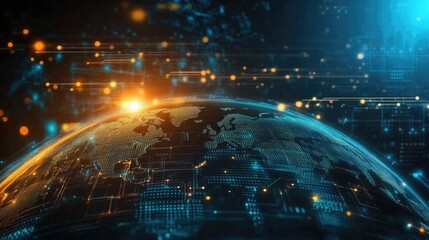 A glowing digital globe symbolizing global connectivity, cyber technology, and the flow of information across the world.