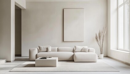 Minimalist living room with white sofa and rug.