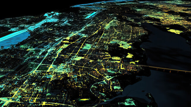 Technical aerial visual, 3D LiDAR GIS aerial map satellite scan model isolated, showing Everett,  Washington. Elevation, topography, render