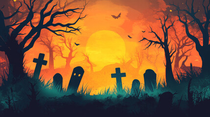 Naklejka premium Gravestones in a spooky graveyard at sunset, with bats flying and bare trees surrounding the scene, evoking a Halloween atmosphere.