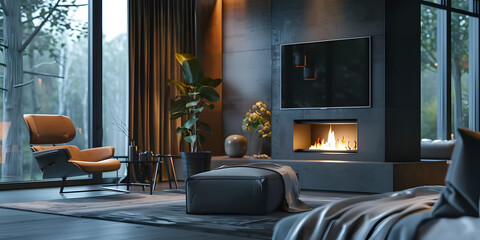 Modern Minimalist Living Room with Fireplace and Large Window Illustration