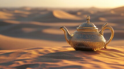 A golden teapot lying on desert sand, surrounded by dunes, symbolizing the timeless beauty and mystique of the Orient.