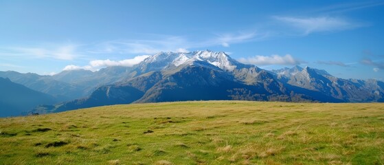  A sunny day unveils a sprawling grassy expanse, leading the gaze to towering mountain ranges The peaks culminate in pristine, snow-capped sum