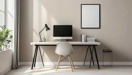 Minimalist home office with a black framed picture.