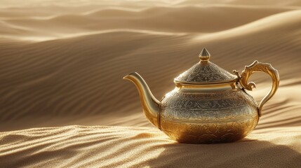 A golden teapot nestled in the desert dunes, symbolizing the richness and cultural heritage of the Orient.
