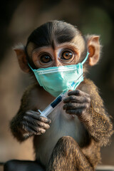 Color photograph of a cute little monkey wearing a surgical mask, holding a syringe in its paws_2