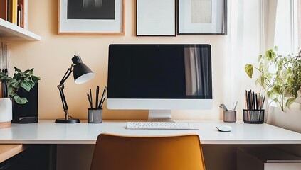 A minimalistic workspace with a computer, lamp, and plants.