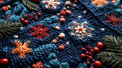 Knit pattern featuring festive design, red and white accents, for holiday decor, seasonal marketing, winter visuals. Detailed view of holiday-themed knitwork with berries and branches