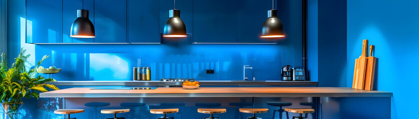 Modern Kitchen Interior Design with Blue Cabinets and Wood Countertop Illustration