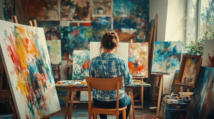 Obraz premium Artist joyfully creating in a bright art studio, with canvases and paint splashes, creative chaos, no hands shown, inspiring setting