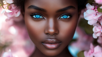 Naklejka premium Beautiful and serene close-up portrait of a black woman, aged 40, with deep black skin and blue eyes, pastel flowers in the background, hyper-realistic, soft light, vogue fashion style