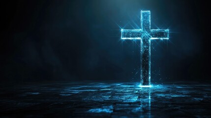 Naklejka premium Digital cross icon on a black background with plenty of empty space for text.