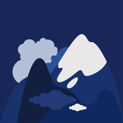 Snowy mountain peak against blue sky and clouds. Vector illustration.