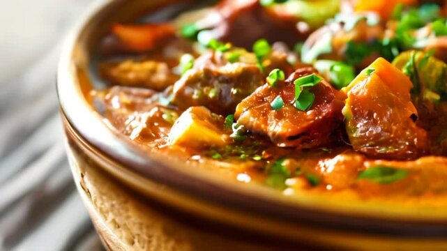 Video of bowl of home cooked delicious one-pot beef stew with potatoes carrots onions garlic pees and herbs braised in wine. Comfort food