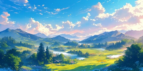 Obraz premium Enchanting Anime Landscape: Vibrant Sunset Sky View with Digital Artistry. AI-Generated Cinematic Scene for Marketing, UI Design, and Storytelling. Versatile 4K Illustration Perfect for Web Banners, G