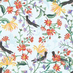 Beautiful flower and cute bird seamless background,floral pattern