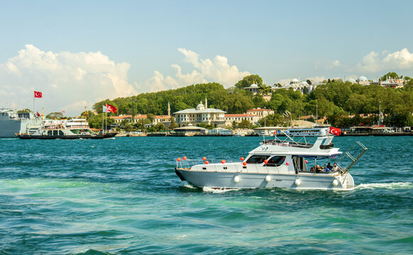 boats on the sea in the front of  seraglio point, sarayburnu in istanbul