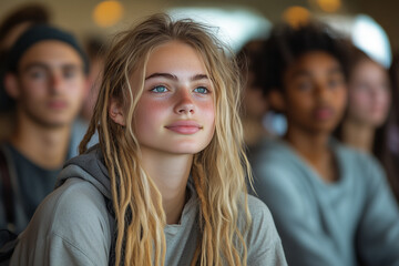 Obraz premium Modern youth attending a mindfulness seminar, learning techniques to manage stress and improve focus.
