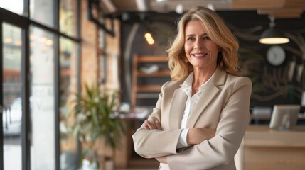 Fototapeta premium Confident businesswoman with crossed arms smiling in modern office, facing camera, embodying success in professional attire with sleek hairstyle.