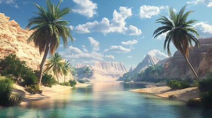 Serene Oasis: Palm Trees, Blue Water, and Sandy Shores