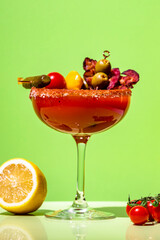 Tomato juice and vodka alcoholic cocktail drink with smoked bacon, celery, hot sauce, pickles and ice in glass with salt and red pepper. Green background, hard light