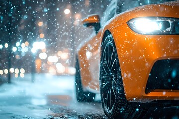 Orange Car Driving Through a Snowy Night with Bright Headlights and Blurry City Lights