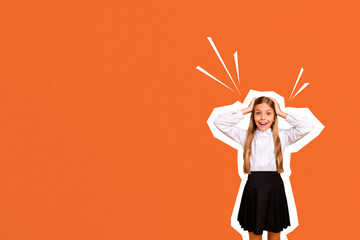 Composite photo collage of happy schoolgirl hold head idea finding back learn education study classroom isolated on painted background