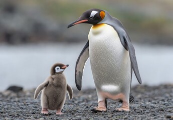 Obraz premium An adult penguin and its chick walking together, their movements synchronized, emphasizing their bond