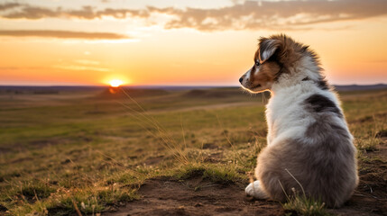 夕暮れの草原にたたずむ子犬の後ろ姿