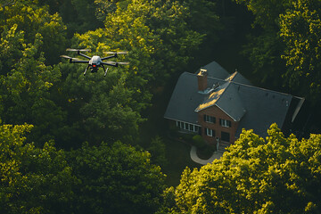 A drone flies above a residential house , capturing aerial footage of the property, emphasizing modern technology and surveillance.
