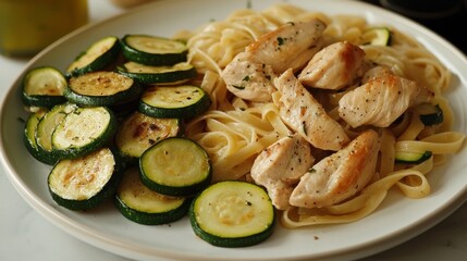 Grilled Chicken Pasta with Sauteed Zucchini. Healthy and Delicious Home-Cooked Meal