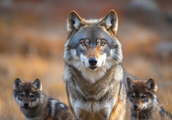 A wolf standing watch while her pups explore, symbolizing vigilance and care in the wild