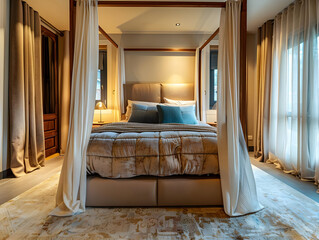 Elegant Bedroom Interior with Canopy Bed and White Curtains - Photo