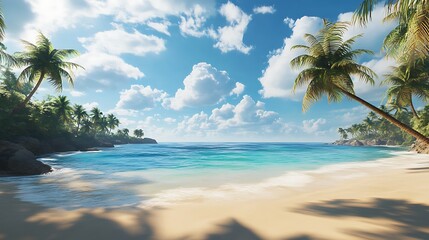 Tropical Beach Paradise: Palm Trees, Blue Ocean, Sandy Shore