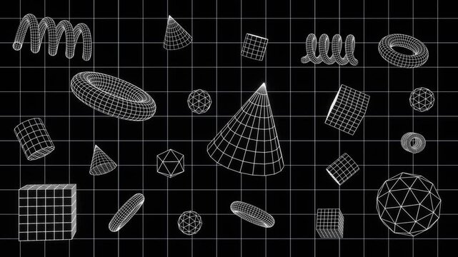 3d render wireframe grid abstract futuristic y2k retro cyber vector shapes elements on black background with squares lines. School board geometry presentation. Cube, spiral, torus, sphere animation
