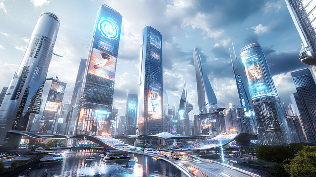 Metropolis of Tomorrow: A futuristic cityscape, alive with vibrant energy, showcases towering skyscrapers, advanced technology, and the boundless possibilities of a hyper-connected urban future. 