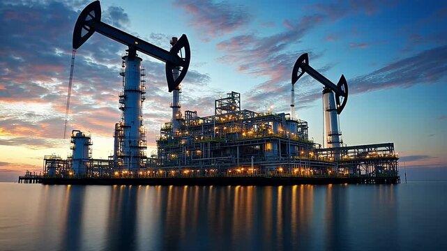 An oil rig stands tall against a vibrant sunset, showcasing its detailed structures and reflections on the tranquil water surface.