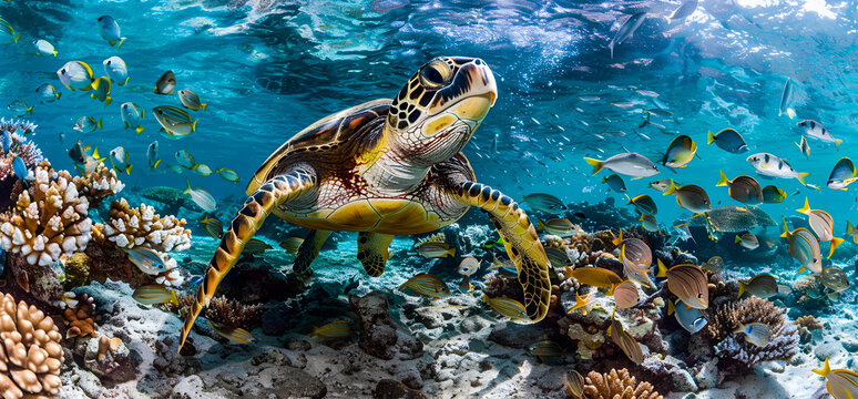 Panoramic view of the beautiful underwater coral reef with many colorful fish, sea turtles and manta rays in the style of squard animal wallpaper